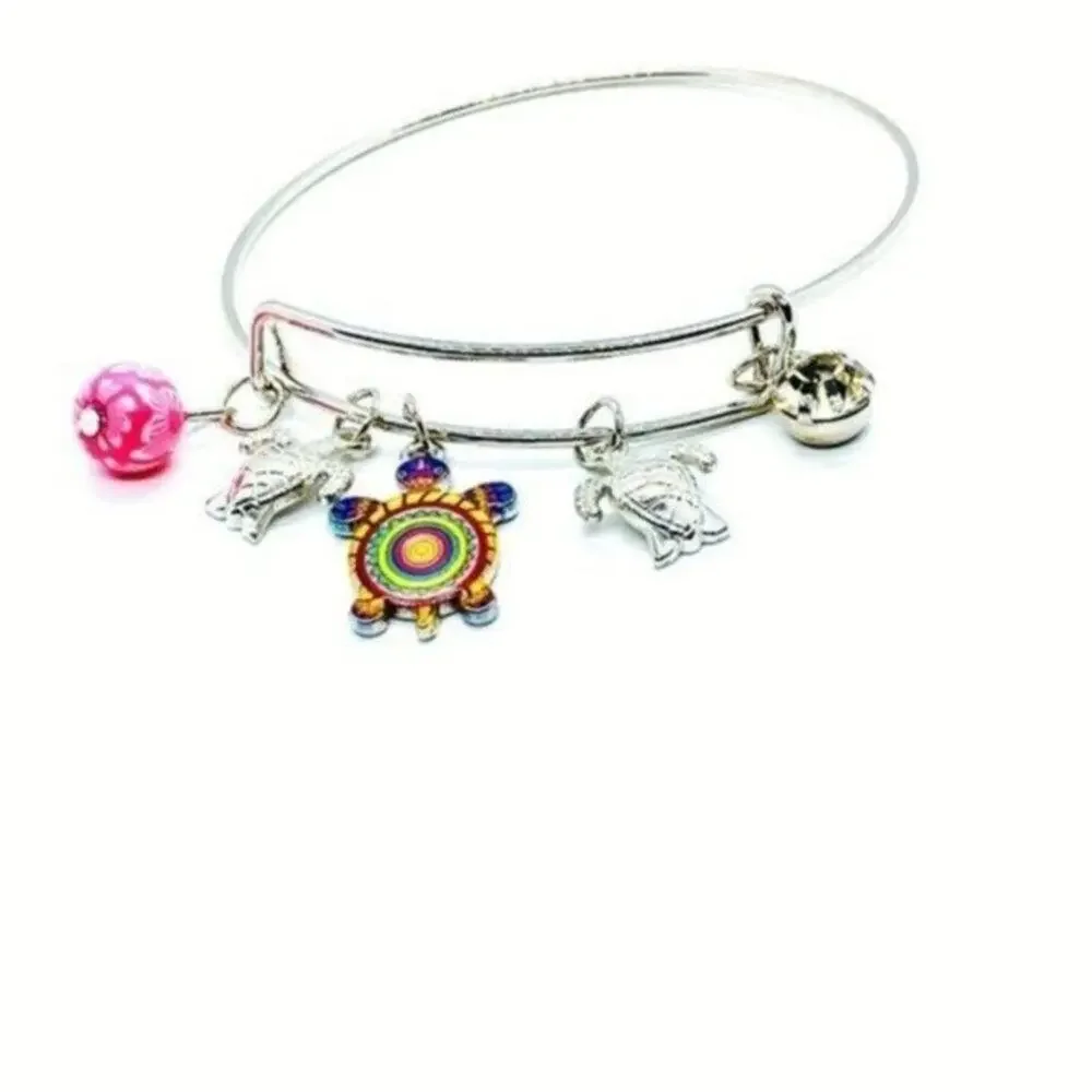 Beaded Sea Turtle Charm Colorful Bangle Bracelet